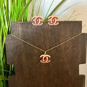 Red, Gold, and Rhinestone CC Necklace & Earring Set